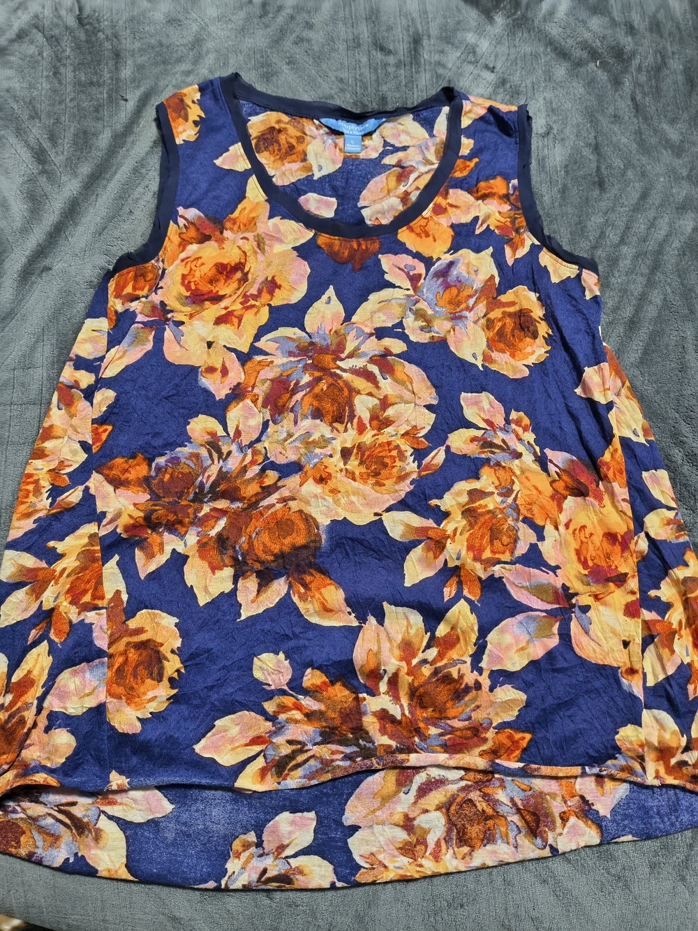 SimplyVera Floral Navy Sleeveless Tank Top - Orange Rose Print